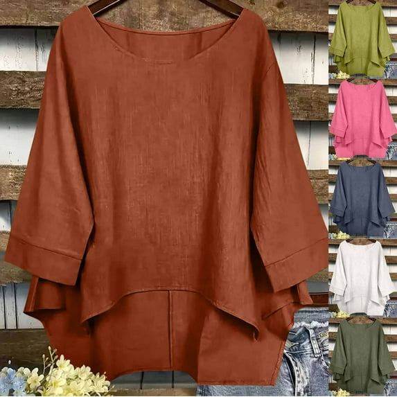 Feancey Cotton Linen Blouses for Women 3/4 Sleeve Loose Fit Tops Summer Fashion Irregular Hem Boho Blouse Oversized Casual Loose Beach Shirt Navy L