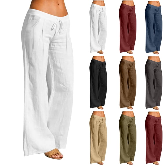 Feancey Cotton Linen Pants for Women Drawstring Low Rise Straight Leg Pants Loose Fit Casual Full Length Trousers Solid Color Beach Slacks with Pockets Dark Gray M
