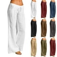 thumbnail image 1 of Feancey Cotton Linen Pants for Women Drawstring Low Rise Straight Leg Pants Loose Fit Casual Full Length Trousers Solid Color Beach Slacks with Pockets Navy XL, 1 of 7