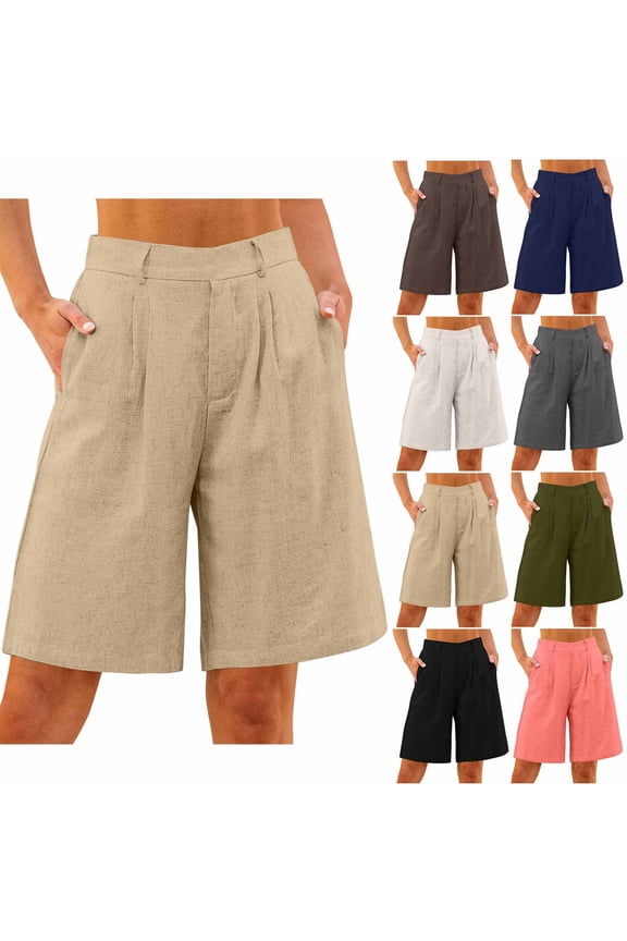 Cotton Linen Shorts for Women Knee Length Baggy Shorts Dressy Casual Wide Leg Bermuda Shorts Solid Color Loose Beach Shorts with Pockets Coffee S