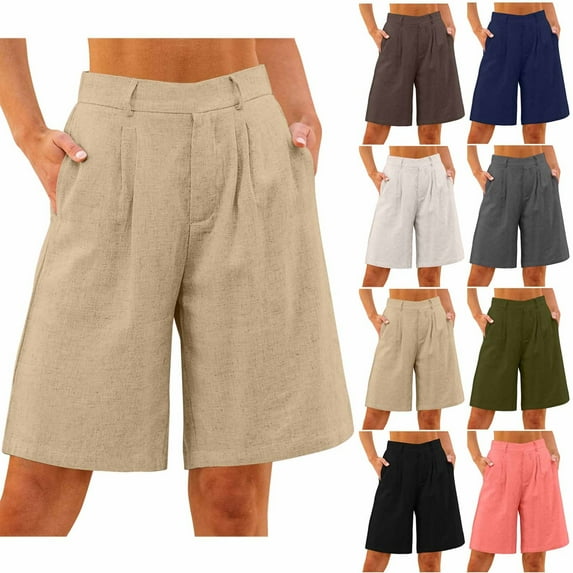 Feancey Cotton Linen Shorts for Women Knee Length Baggy Shorts Dressy Casual Wide Leg Bermuda Shorts Solid Color Loose Beach Shorts with Pockets Pink S