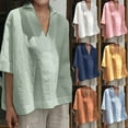 thumbnail image 1 of Feancey Cotton Linen Tops for Women Lapel V Neck Short Sleeve Plus Size T-Shirts Summer Casual Lightweight Beach Shirts Breathable Loose Vacation T Shirt Spring Green L, 1 of 1