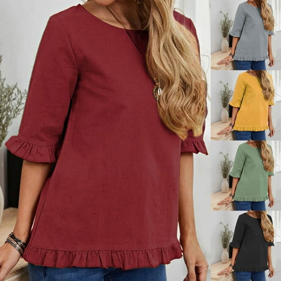 Feancey Cotton Linen Tunic Tops for Women Ruffle Half Sleeve Round Neck Blouse Solid Color Casual Loose Beach Vacation T Shirts Summer Tee Sales Today Army Green L