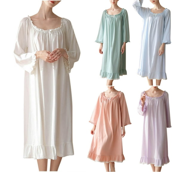 Feancey Cotton Nightgowns for Women 3/4 Sleeve Sleeve Ruffle Sleep Dress Ruched Casual Loose Nightshirts Solid Color Lounge Sleepwear Summer Clearance Light Blue S