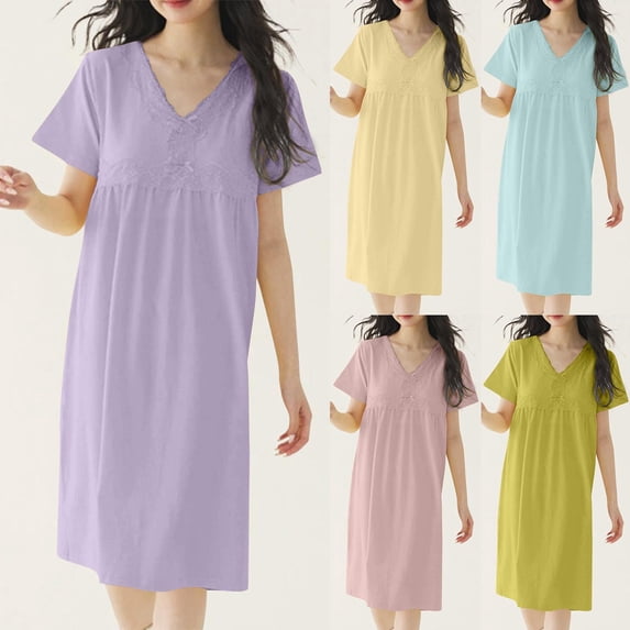 Feancey Cotton Nightgowns for Women Short Sleeve V Neck Sleep Dress Loose Fit Casual Pleated Nightwear Solid Color Long Dresses with Built in Bra Purple XL