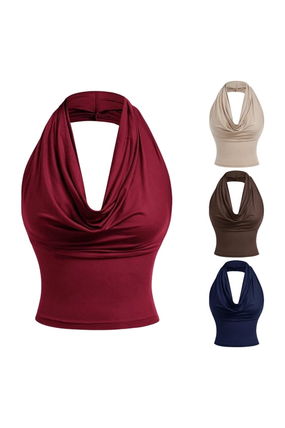 Cowl Neck Halter Tops for Women Ruched Fashion Crop Tank Top Dressy Casual Sleeveless Draped Shirts Ladies Elegant Date Night Party Streetwear Beige M