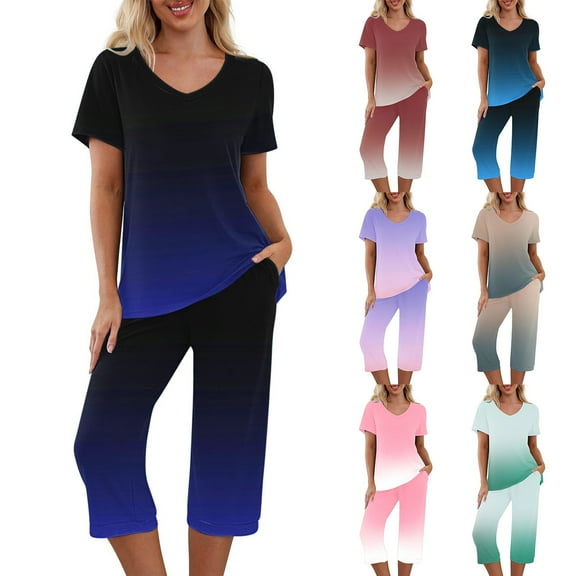 Feancey Cozy Pajama Sets for Women 2 Piece Loungewear Trendy Gradient Print Lounge Set Short Sleeve V Neck Tops and Capri Pant Sleepwear Two Piece Light Blue L