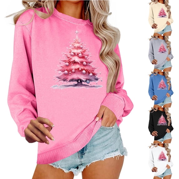 Feancey Crewneck Pullover Sweatshirts for Women Trendy Christmas Tree Graphic Sweatshirt Loose Fit Casual Long Sleeve Tunic Tops Funny Xmas Gifts Pink XL