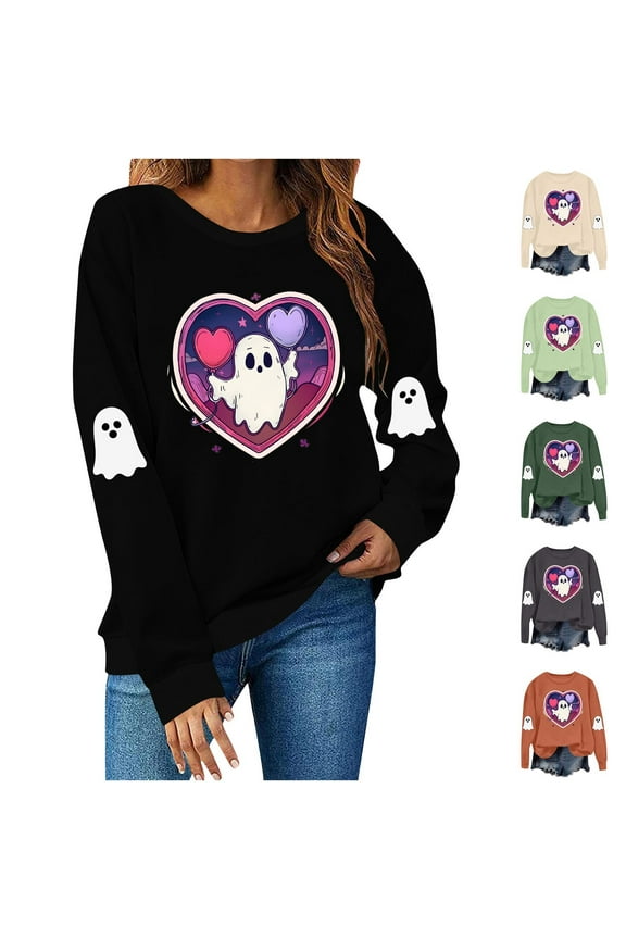 Crewneck Pullover Sweatshirts for Women Halloween Heart Ghost Printed Tops Holiday Casual Long Sleeve Graphic Sweatshirt Army Green L