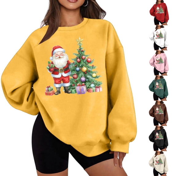 Feancey Crewneck Sweatshirt Women Christmas Tree Graphic Sweatshirts Oversized Long Sleeve Loose Pullover Tops Soft Fleece Sweatshirt Beige L