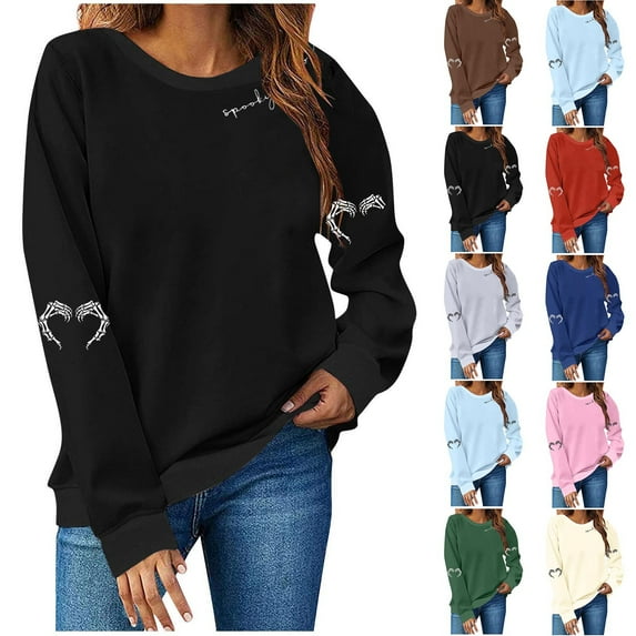 Feancey Crewneck Sweatshirt Women Halloween Heart Graphic Pullover Tops Fall Winter Long Sleeve Crewneck Sweatshirts Y2K Clothes Red M