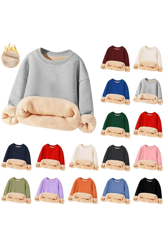 Crewneck Sweatshirts for Girls Winter Sherpa Lined Pullover Tops Fuzzy Fleece Long Sleeve Shirt Cotton Casual Warm Sweatshirt Orange 13-14 Years