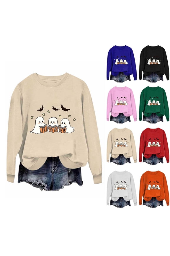 Crewneck Sweatshirts Women Halloween Pumpkin Ghost Graphic Pullover Tops Teen Girls Long Sleeve Cute Sweatshirt Y2K Clothes Army Green S