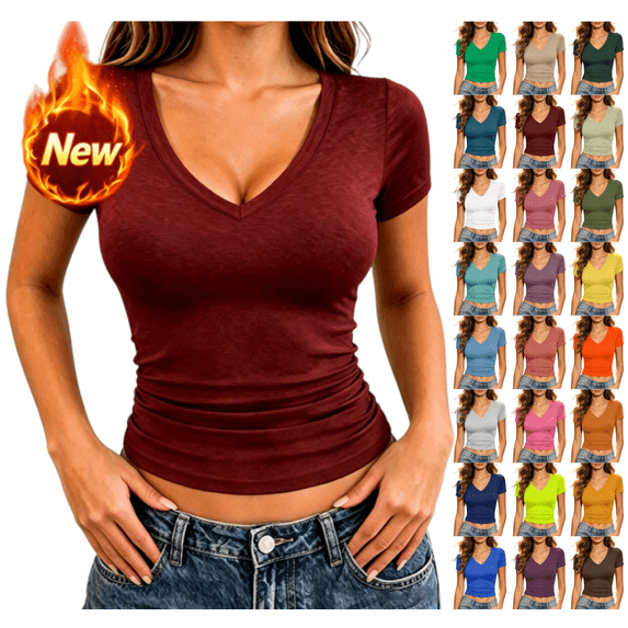 Feancey Crop Summer Tops for Women Ruched Waist Short Sleeve T-Shirts Stretchy Slim Fitted V Neck Basic Tees 2026 Trendy Going Out T Shirts Blue L
