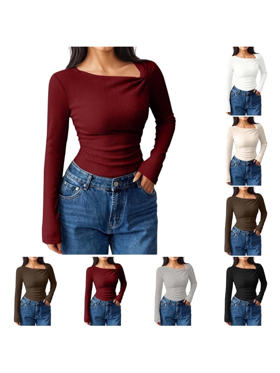 Crop Tops for Women Trendy Square Neck Long Sleeve Shirt Solid Color Slim Fitted Base Layer Tees Lightweight Going Out Tight Shirts Black XL