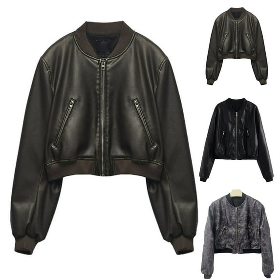 Feancey Cropped Bomber Jackets for Women Faux Leather Moto Coats Lightweight Zip up Windbreaker Spring Fall Fashion Outerwear with Pockets Black L