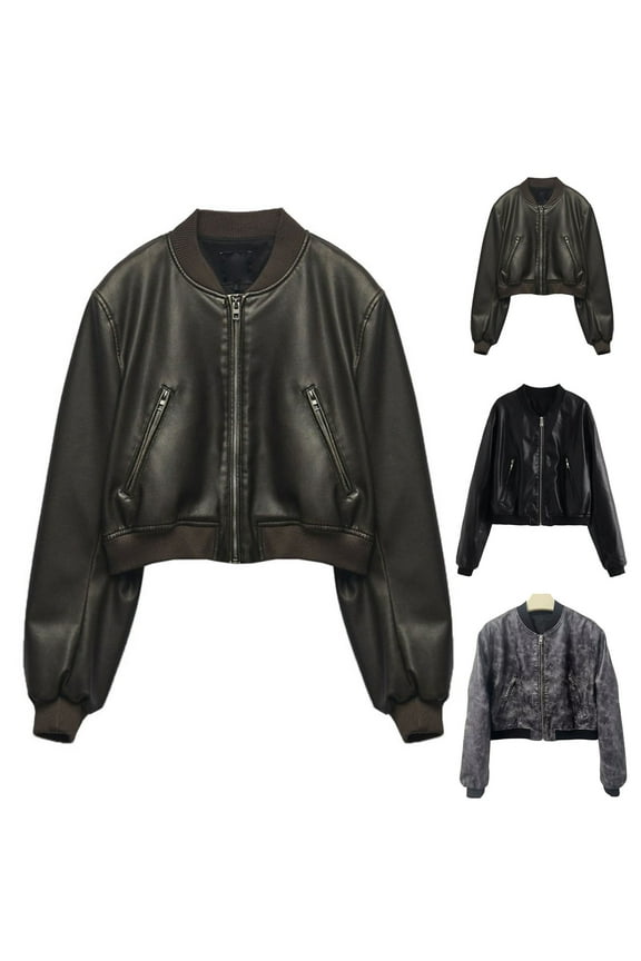 Cropped Bomber Jackets for Women Faux Leather Moto Coats Lightweight Zip up Windbreaker Spring Fall Fashion Outerwear with Pockets Gray S
