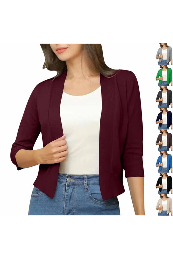 Cropped Cardigan Sweaters for Women 3/4 Sleeve Open Front Cardigans Dressy Casual Slim Fit Shrugs Elegant Duster Jackets Dark Blue S