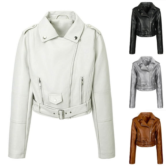 Feancey Cropped Leather Jackets for Women Fashion PU Moto Jacket Asymmetrical Zip up Bomber Jackets Lightweight Bike Coat with Zipper Pockets Coffee S