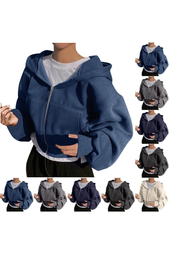 Cropped Sweatshirt Jackets for Women 2024 Fashion Oversized Solid Hooded Jacket Teen Girls Comfy Loose Full Zip Y2K Jackets with Pockets Black and Friday DealsBlue 2XL