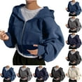 thumbnail image 1 of Feancey Cropped Sweatshirt Jackets for Women Fashion Oversized Solid Hooded Jacket Teen Girls Comfy Loose Full Zip Y2K Jackets with Pockets Blue L, 1 of 6