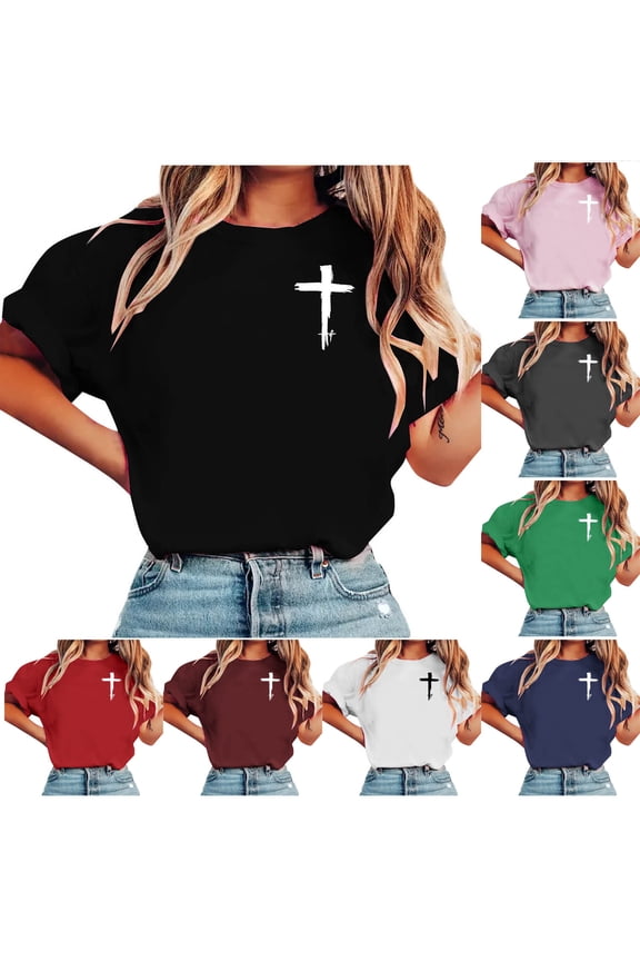 Cross Graphic Tees for Women Jesus Religious Faith Tshirts Summer Short Sleeve Easter Day Tops Holiday Casual Round Neck Blouse Green XL