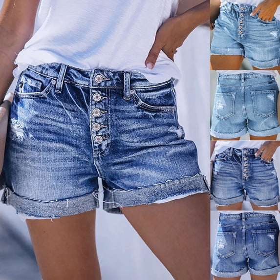 Feancey Cuffed Jean Shorts for Women Distressed Ripped Denim Shorts Button Front Casual Mid Rise Shorts Summer Going Out Streetwear Blue XL