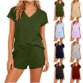thumbnail image 1 of Feancey Cute 2 Piece Outfits for Women Comfy Lounge Sets Short Sleeve V Neck Summer Set Drawstring Shorts Pajama Two Piece with Pockets Gray S, 1 of 8