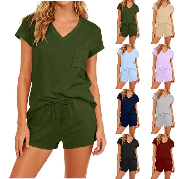 Feancey Cute 2 Piece Outfits for Women Comfy Lounge Sets Short Sleeve V Neck Summer Set Drawstring Shorts Pajama Two Piece with Pockets Gray S