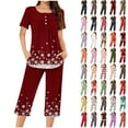 thumbnail image 1 of Feancey Cute Christmas Pj Set Women Short Sleeve Pleated Top and Capris Matching Pajama Sets Holiday Novelty Print Sleepwear 2 Piece with Pockets Red S, 1 of 7