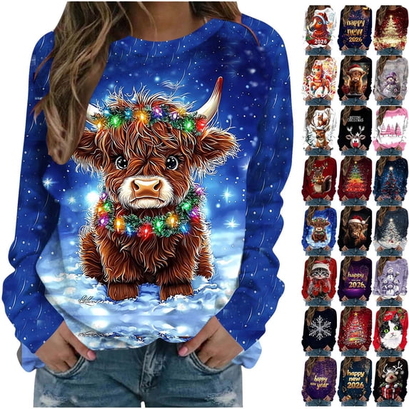 Feancey Cute Christmas Tops for Women Reindeer Print Pullover Sweatshirts Lightweight Long Sleeve Crewneck Sweatshirt Holiday Casual Funny Tees Pink S
