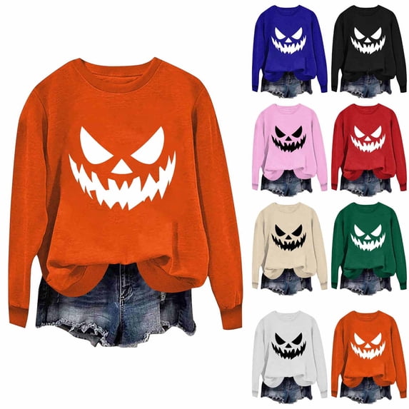 Feancey Cute Halloween Sweatshirts for Women Holiday Funny Graphic Pullover Sweatshirt Teen Girl Long Sleeve Crewneck Tops Red M