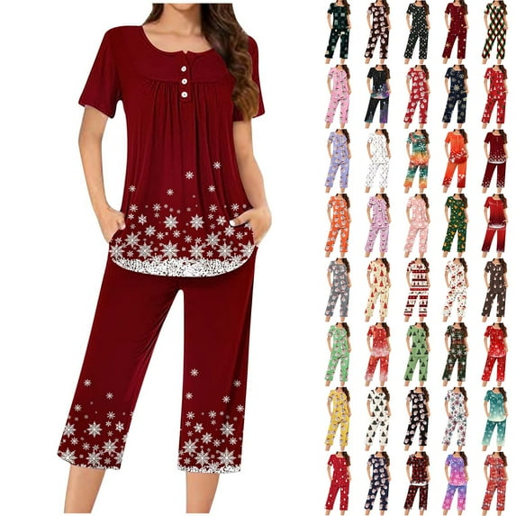 Feancey Cute Lounge Sets for Women Christmas Pajamas Button Up Short Sleeve Pleated Tops and Capri Pants Matching Pjs Set Fashion Gift Ideas Red L