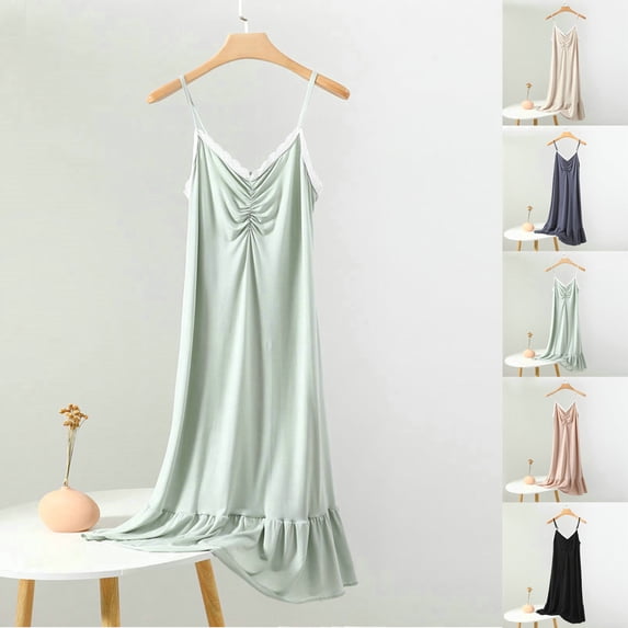 Feancey Cute Nightgowns for Women Lace Ruched V Neck Cami Sleepwear Modal Casual Sleeveless Nightdress Soft Cozy Loungewear Spring Clearance Mint Green XL