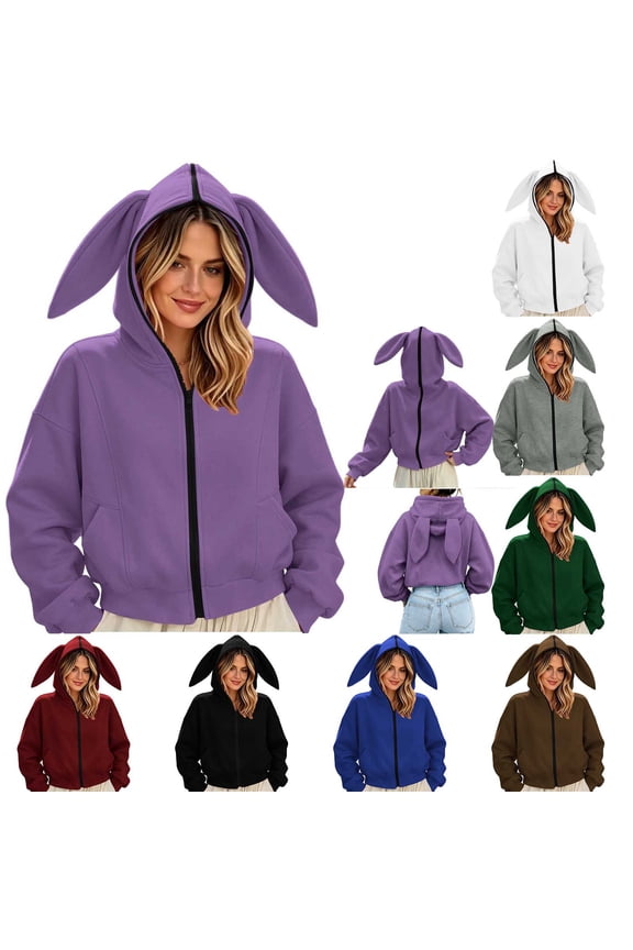 Cute Rabbit Ear Hooded Jackets for Women Cropped Zip Up Sweatshirt Jacket Oversized Long Sleeve Full Zip Hoodies with Pockets 2026 Trendy Red L