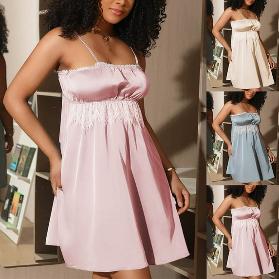 Feancey Cute Sleep Dresses for Women Satin Sleeveless Cami Nightgowns Ruched Square Neck Nightdress Solid Color Lace Mini Dress Novelty Gifts Purple S