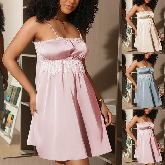 Feancey Cute Sleep Dresses for Women Satin Sleeveless Cami Nightgowns Ruched Square Neck Nightdress Solid Color Lace Mini Dress Beige M