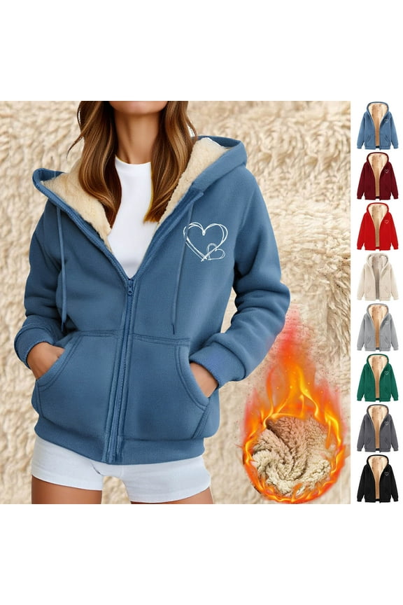 Cute Zip Up Hoodies for Women Heart Print Graphic Sweatshirt Jacket Winter Sherpa Lined Hooded Jacket Fleece Warm Coats with Pockets Beige M