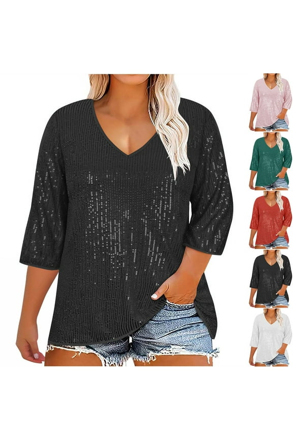 Plus Size Glitter Tops for Women Sequin 3/4 Sleeve V Neck Blouse Sparkly Evening Party T Shirts Spring Dressy Trendy Cocktail Tunic Top Green 3XL