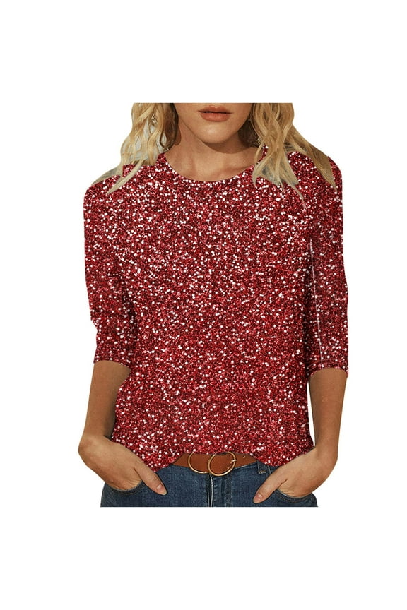 Womens Tops 3/4 Sleeve Blouses Dressy Casual Round Neck Tunics Loose Fit Trendy Sequin Print T Shirts Spring Summer Fashion Clothes Red M