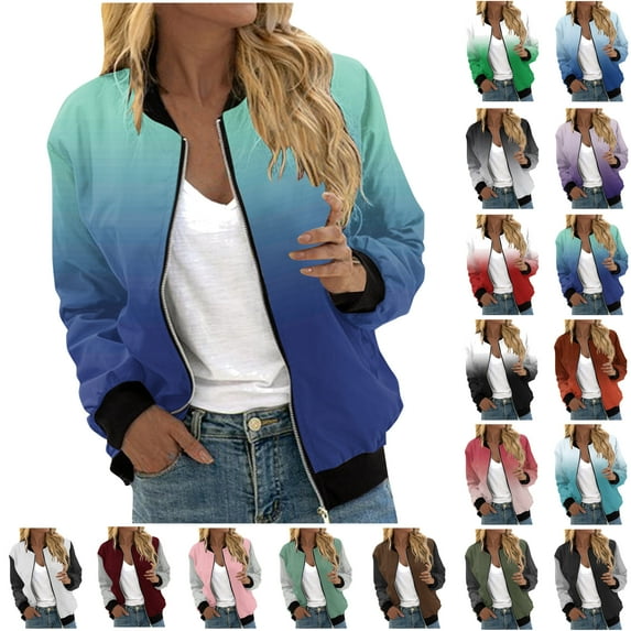 Feancey Daily Sales Jackets for Women Casual Fall Short Bomber Jacket Colorblock Long Sleeve Zip Up Coats Lightweight Loose Windproof Varsity Jackets with Pockets Black L