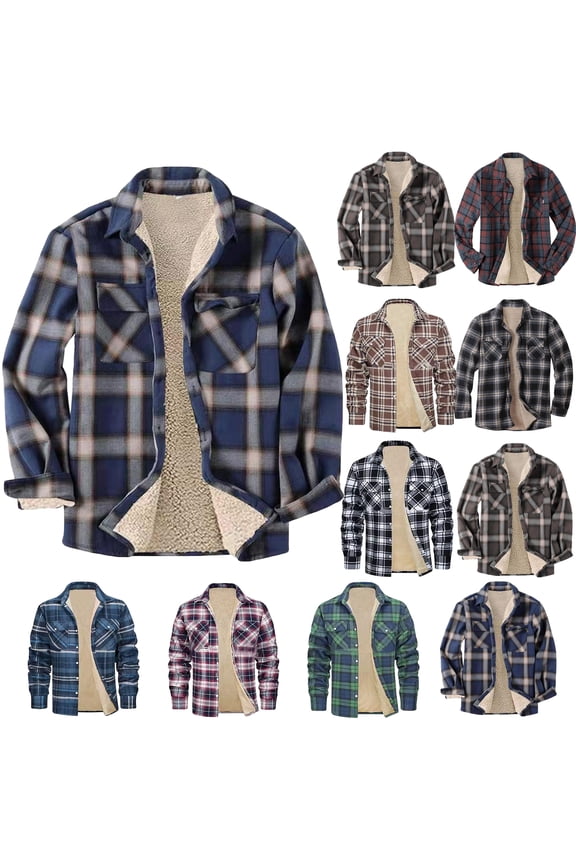 Daily Sales Mens Fleece Lined Plaid Jacket, Men's Plaid Flannel Winter Coats Long Sleeve Soft Warm Button Up Jacket Coat Outwear with Pockets Green XXL