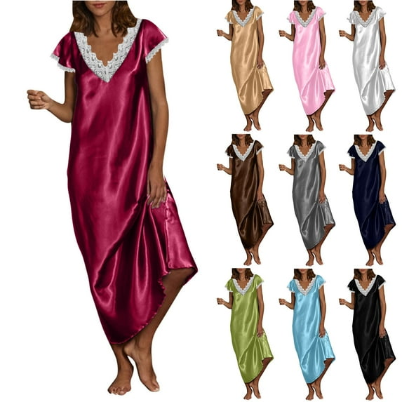 Feancey Daily Sales Satin Nightgowns for Women Plus Size Casual Lace V Neck Short Sleeve Sleep Dress Soft Comfy Silk Nightshirts Long Dresses Gray S