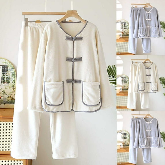 Feancey Daily Sales Womens Warm Pajama Sets Winter Comfy Fleece Pjs 2 Piece Set Soft Button Down Flannel Sleepwear with Long Pants Loungewear Outfits Blue L