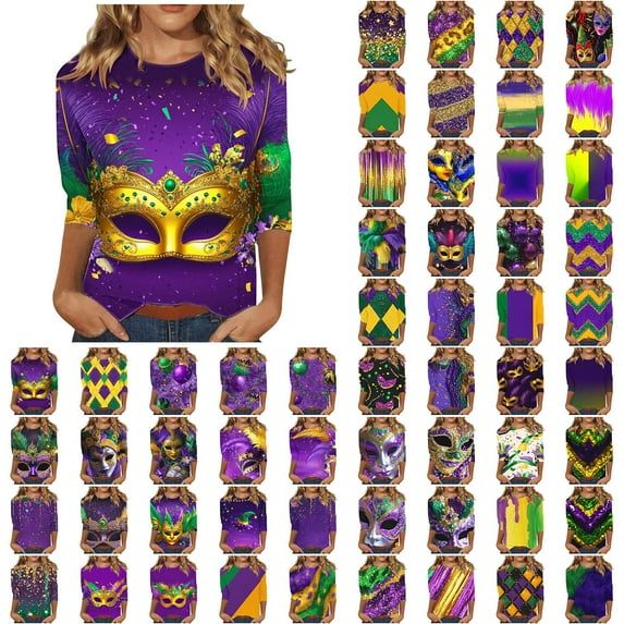 Feancey 3/4 Sleeve Mardi Gras Shirts for Women Carnival Themed Sequin Mask Print Tops Novelty Graphic Round Neck Loose Tunics Parade Blouse Purple 3XL