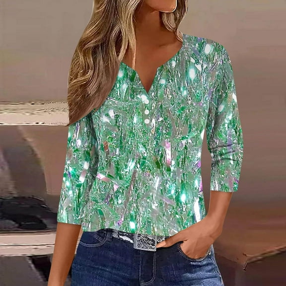 Feancey Women's Henley Tops 3/4 Sleeve Trendy Sequin Print Blouses for Women Dressy Casual Button V-neck Loose Tunics Holiday Party T Shirt Green S