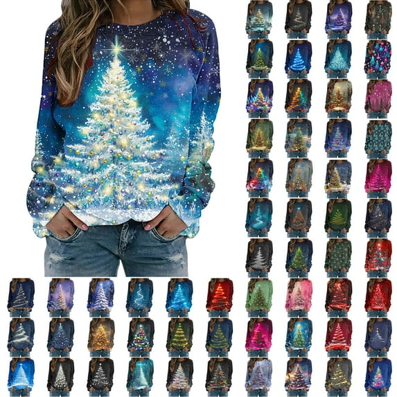 Feancey Womens Christmas Tops Plus Size Xmas Tree Graphic Long Sleeve T Shirts Holiday Casual Round Neck Loose Tunics Dressy Raglan Sleeves Blouse Multicolor6 4XL