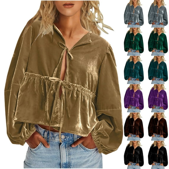 Feancey Deal of The Day Prime Today Womens Cardigan Velvet Tops Tie Front Puffer Sleeve Cropped Top Ruffle Hem Casual Loose Blouse 2025 Spring Trendy Gold Velour Shirts Brown L