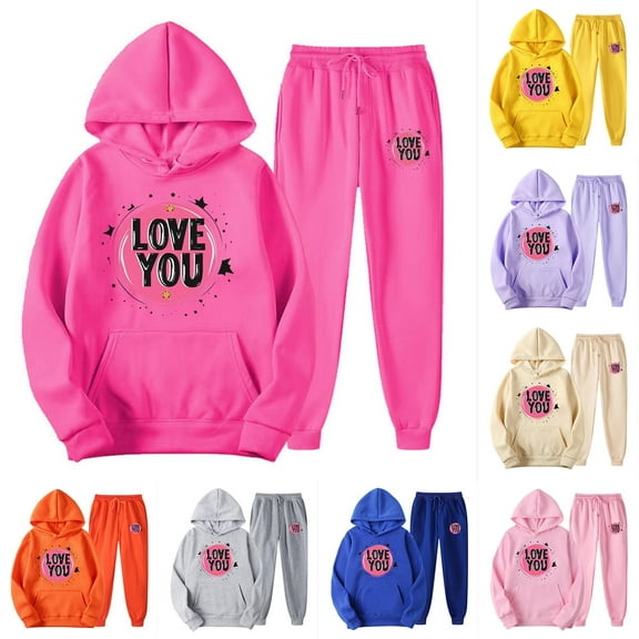 Feancey Deal of The Day Women's Plus Size Hooded Sweatsuits Valentines Day Heart Printed Hoodies and Jogger Pants Two Piece Soft Cute Tracksuits Outfits with Pockets Hot Pink S