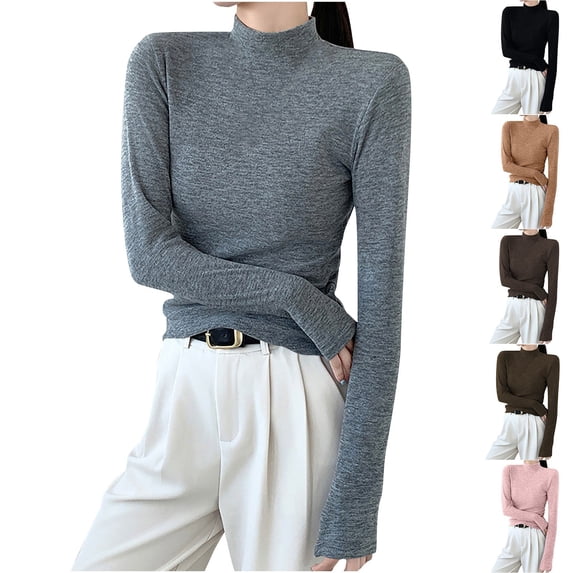 Feancey Womens Stretchy Long Sleeve Tops Slim Fit Casual Mock Neck T-Shirts Comfy Soft Spring Tight Shirt Spring Basic Pullover Tees Coffee XXL